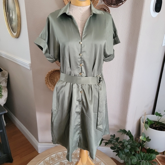 French Connection Elegant Olive Green Shirt Dress Sz L - Picture 1 of 6